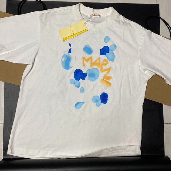 Marni T-Shirt Men White Dripping Flower-Print Cotton-Jersey Tee - Picture 1 of 3